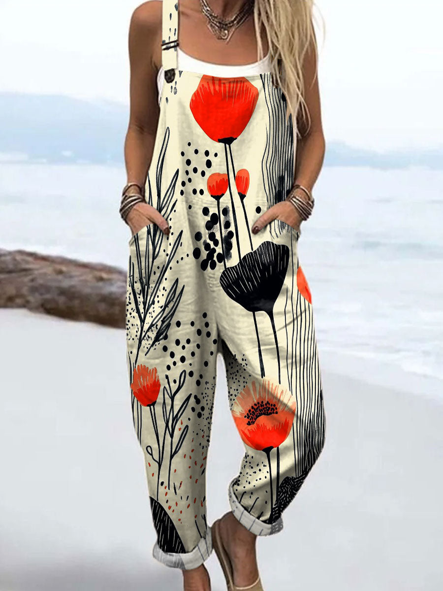 Women's Vintage Abstract Flower Art Print Casual 100% Cotton Wide Leg Jumpsuit