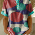Retro Color-block Geometric Patchwork Print Loose-fit Cotton-linen Short-sleeve Shirt