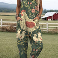 Women's Vintage Flower Funny Chicken  Art Print Casual 100% Cotton Wide Leg Jumpsuit