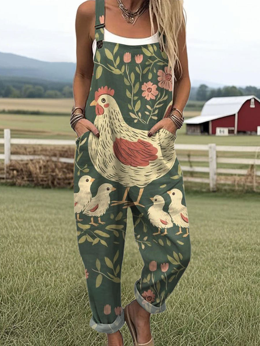 Women's Vintage Flower Funny Chicken  Art Print Casual 100% Cotton Wide Leg Jumpsuit