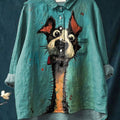 Curious Dog Painting Printed Women's Casual Cotton And Linen Shirt
