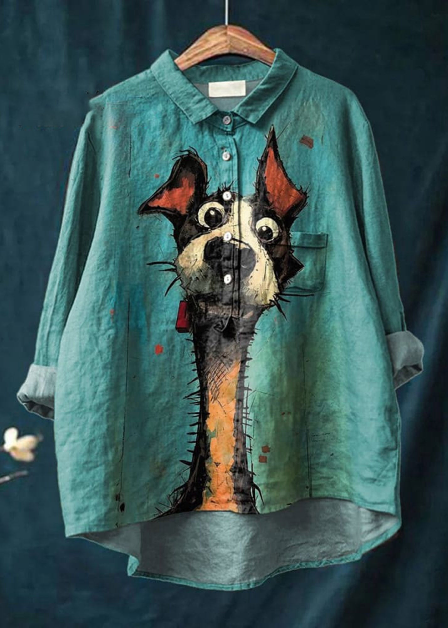 Curious Dog Painting Printed Women's Casual Cotton And Linen Shirt