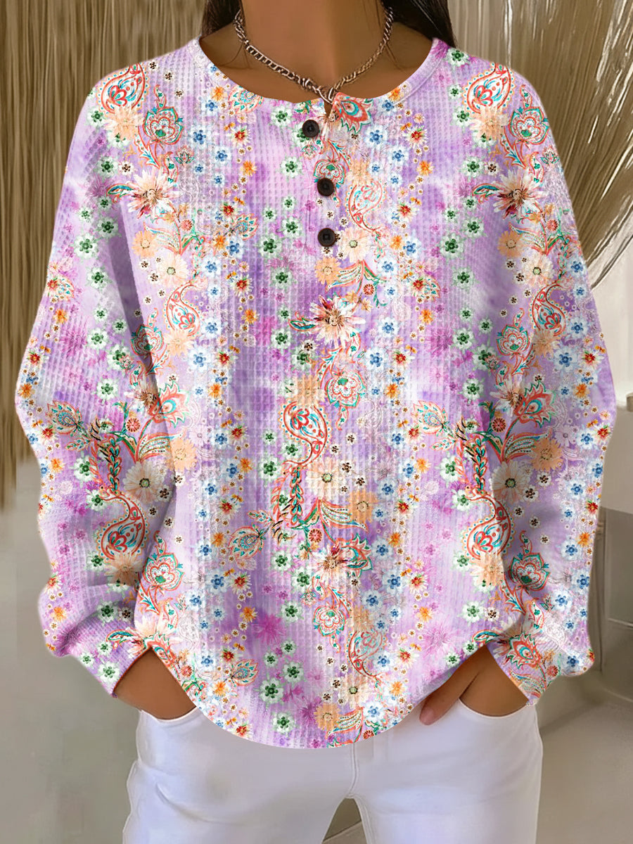 Women's Beautiful Colorful Ethnic Floral Painting Art Print Casual Cotton Sweatshirt