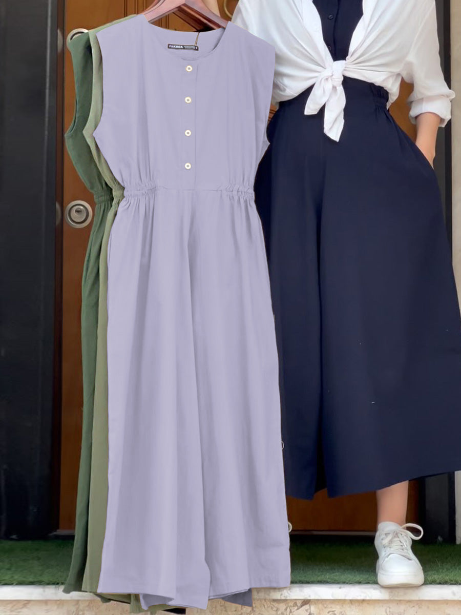 Women's Solid Color Round Neck Sleeveless Casual Linen Elastic Waist Jumpsuit Wide Leg Pants