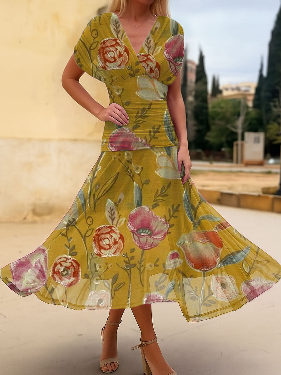 Women's Vintage Flower Art Print Flowy Casual Dress