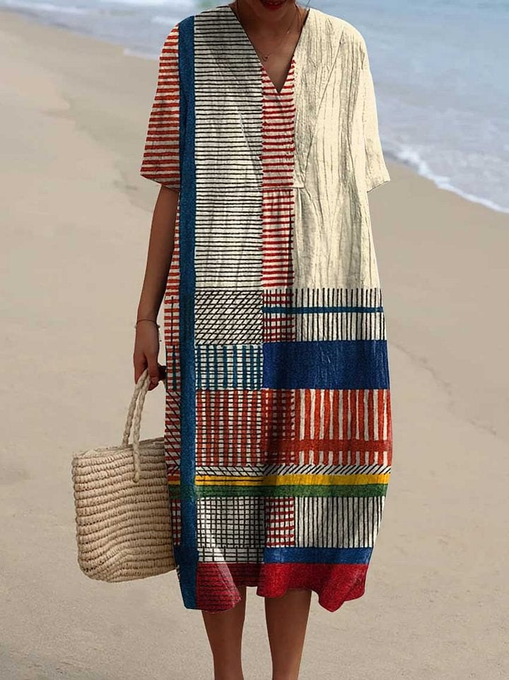 Women's Vintage Geometric Line Art Print Cotton Dress