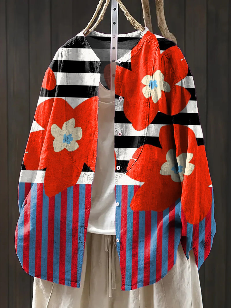 Women's Large Flower Geometric Stripe Art Print Casual Cotton And Linen Shirt