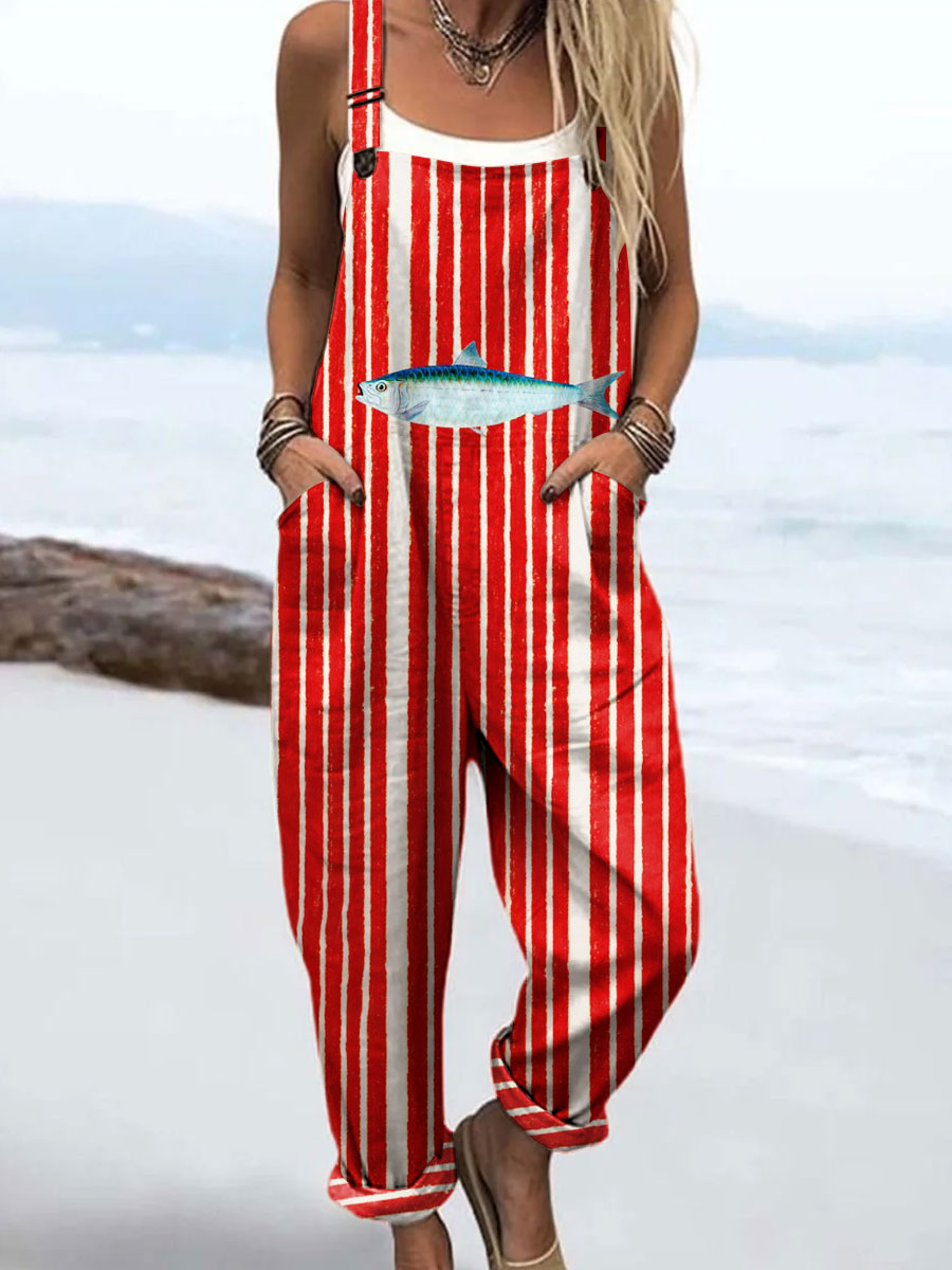 Women's Vintage Abstract Geometric Lines Fish Art Print Casual 100% Cotton Wide Leg Jumpsuit