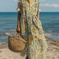 Women's Vintage Ethnic Rhombus Floral Geometric Painting Art Print Dress