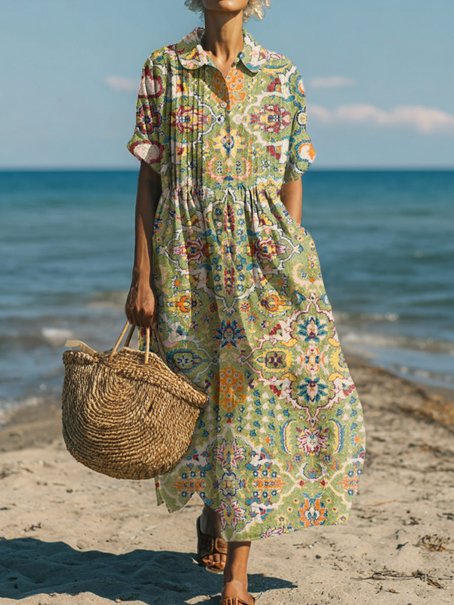 Women's Vintage Ethnic Rhombus Floral Geometric Painting Art Print Dress