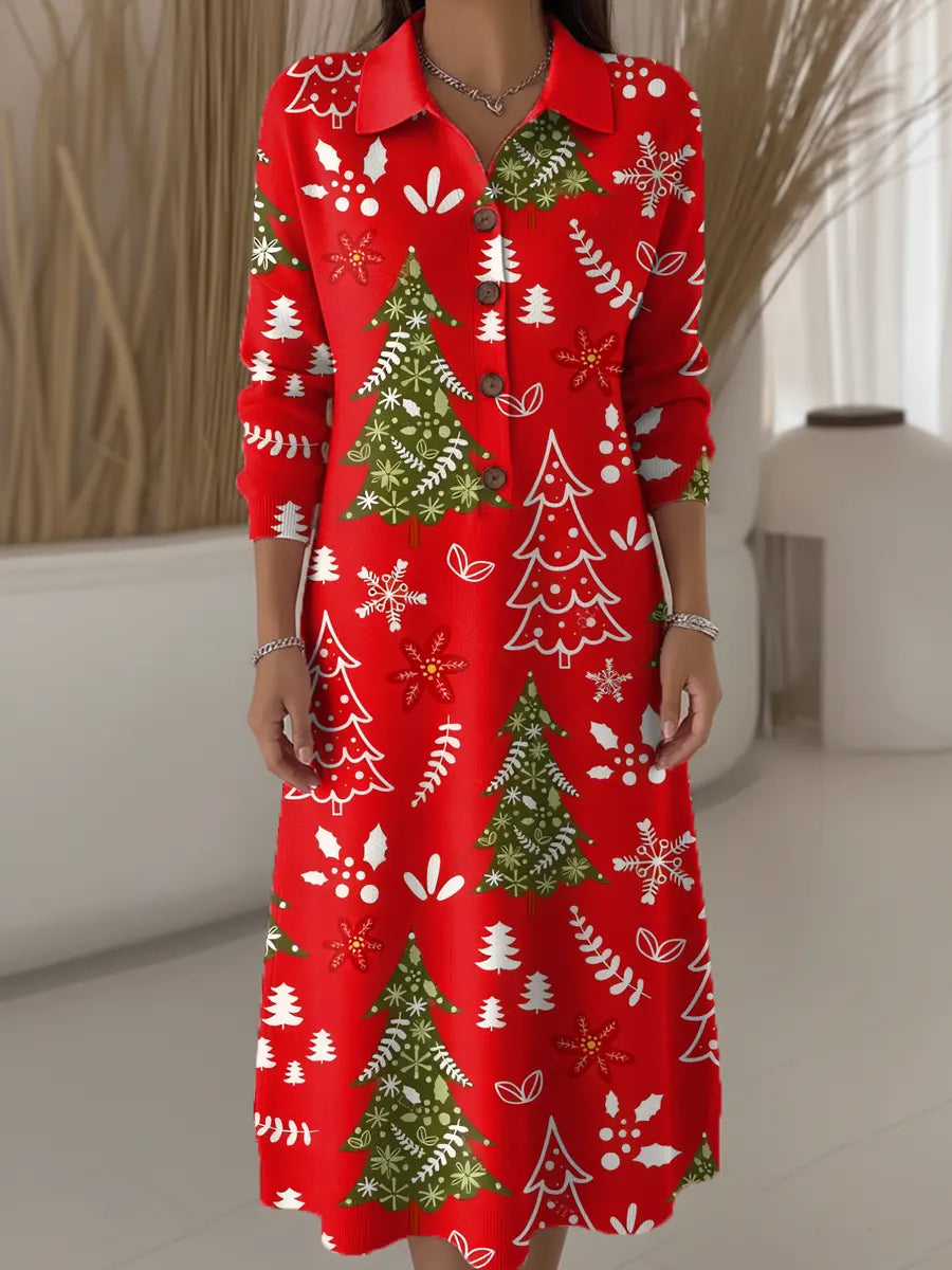 Women's Christmas Tree Pattern Art Print Casual Knitted Dress