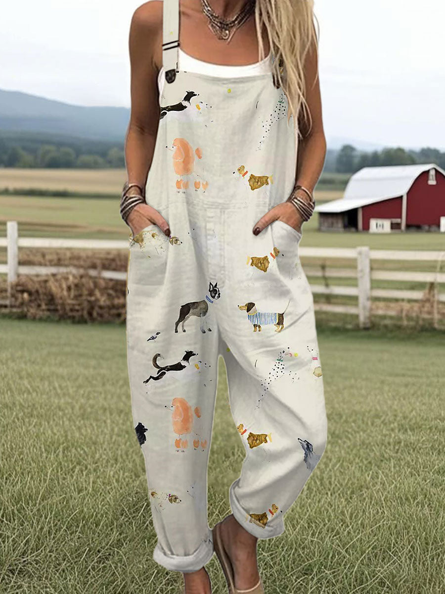 Women's Vintage Dogs  Art Print Casual 100% Cotton Wide Leg Jumpsuit
