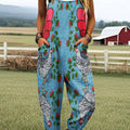 Women's Vintage Funny Farm Chicken Art Print Casual 100% Cotton Wide Leg Jumpsuit