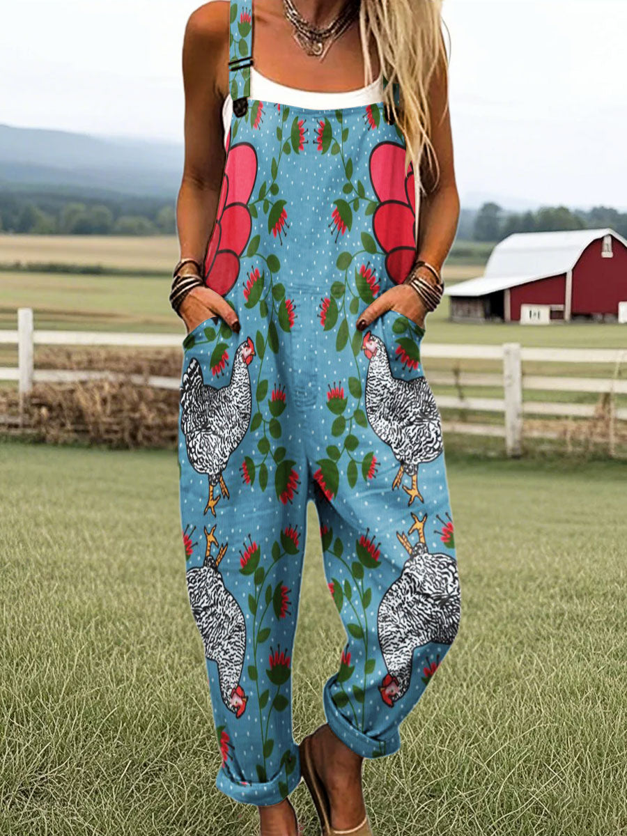Women's Vintage Funny Farm Chicken Art Print Casual 100% Cotton Wide Leg Jumpsuit