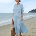 Women's Comfortable Button Pocket 100% Linen Dress