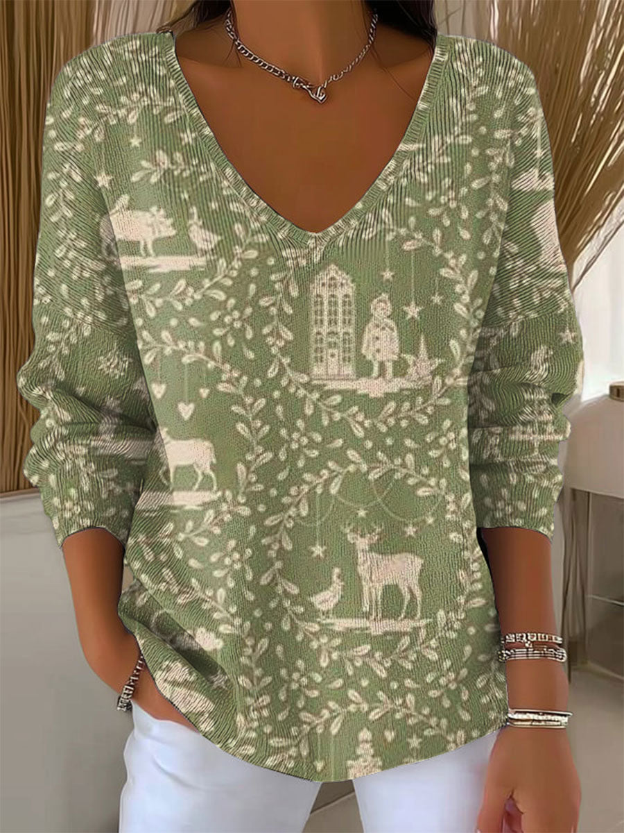 Women's Vintage Christmas  Art Print Casual Pullover Sweater