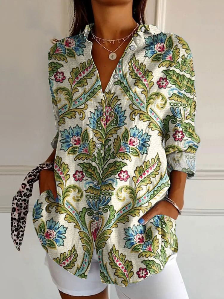 Women's  Retro Floral Art  Print Casual Cotton Shirt