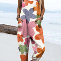 Women's Colorful Large Flower Painting Art Print Casual 100% Cotton Wide Leg Jumpsuit
