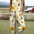 Women's Lovely Sunflower Bees Art Print Casual 100% Cotton Wide Leg Jumpsuit