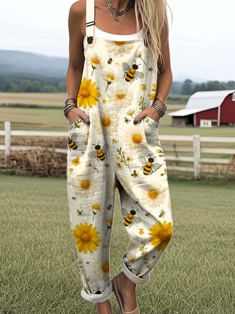 Women's Lovely Sunflower Bees Art Print Casual 100% Cotton Wide Leg Jumpsuit