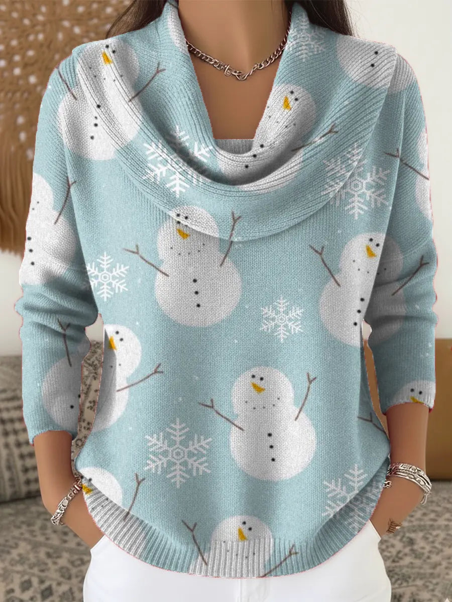 Women's Snowman Art Print Cowl Neck Sweater
