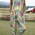 Women's Vintage Floral Art Print Casual 100% Cotton Wide Leg Jumpsuit