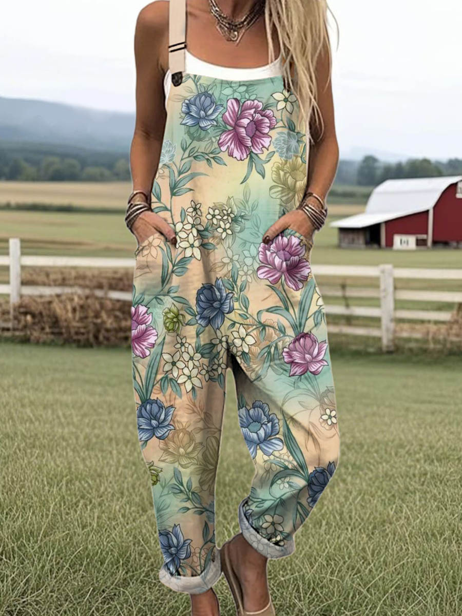 Women's Vintage Floral Art Print Casual 100% Cotton Wide Leg Jumpsuit