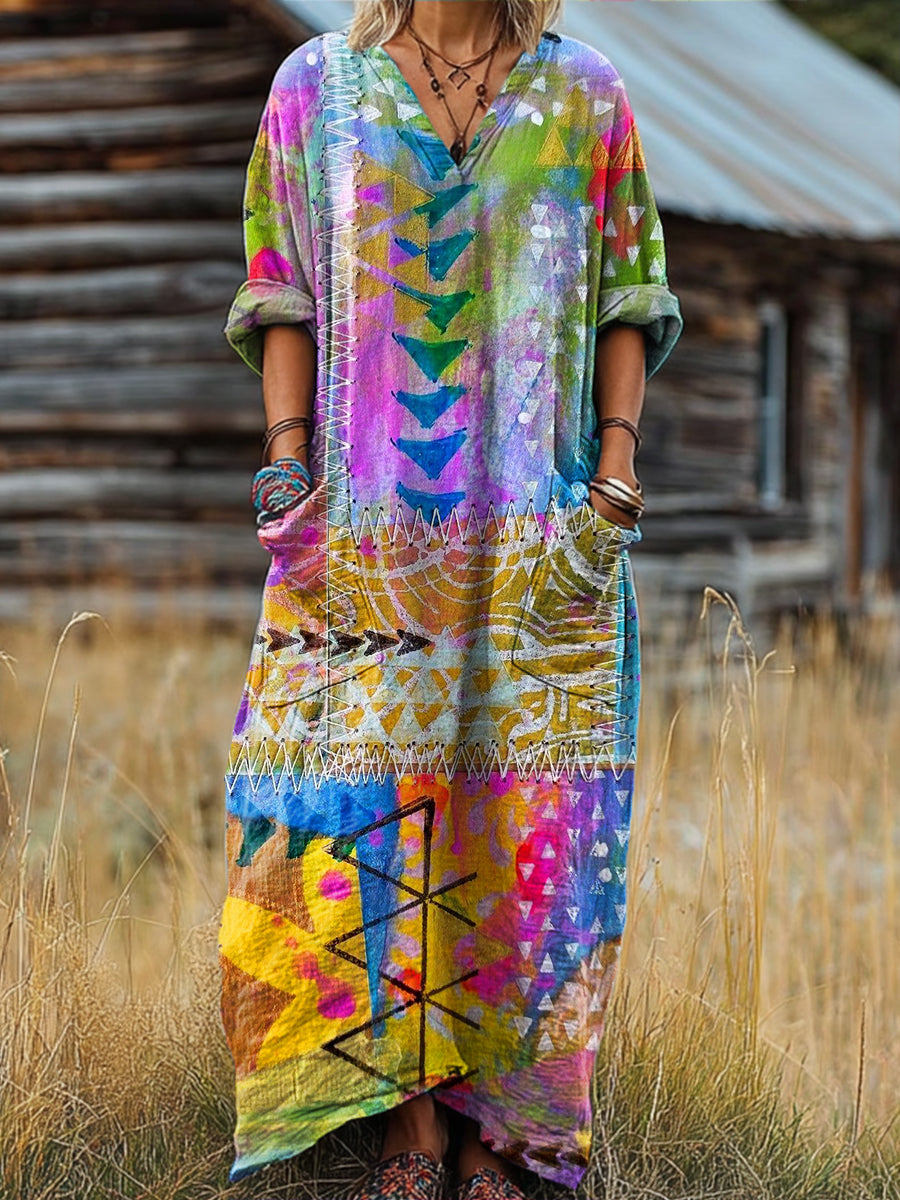 Women's Beautiful Abstract Colorful Graffiti Painting Art Print Pocket V-neck Cotton Dress