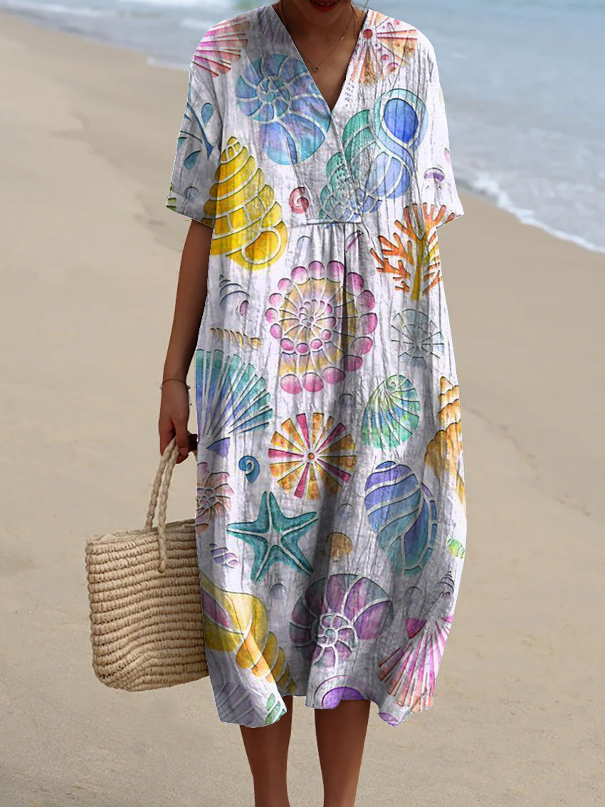 Watercolor Seashell Pattern Printed Women's Flowy Dress