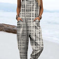 Women's Plaid Pattern Art Print Casual 100% Cotton Wide Leg Jumpsuit