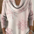 Women's Vintage Pink Snowflakes Print Cowl Neck Sweater