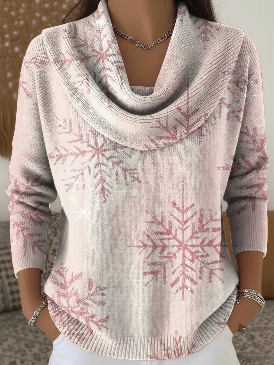 Women's Vintage Pink Snowflakes Print Cowl Neck Sweater
