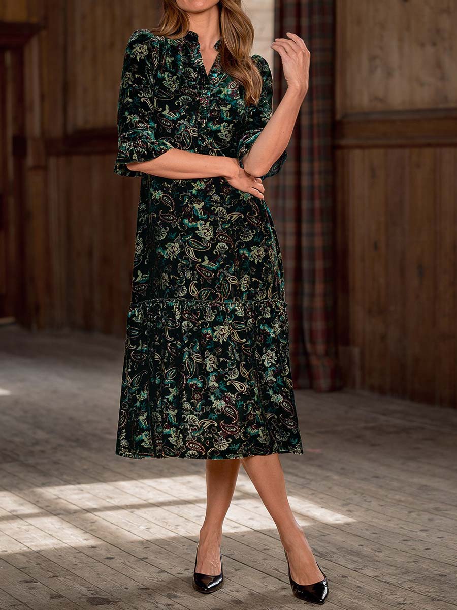 Women's Vintage Floral Print V-Neck 3/4 Sleeve Casual Loose Velvet Dress