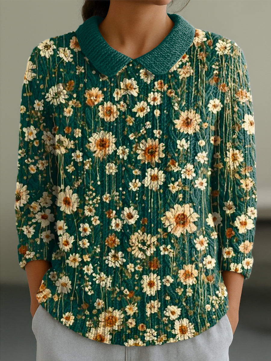 womens-beautiful-vintage-floral-painting-art-print-casual-peter-pan-collar-3-4-sleeve-sweater-okkh