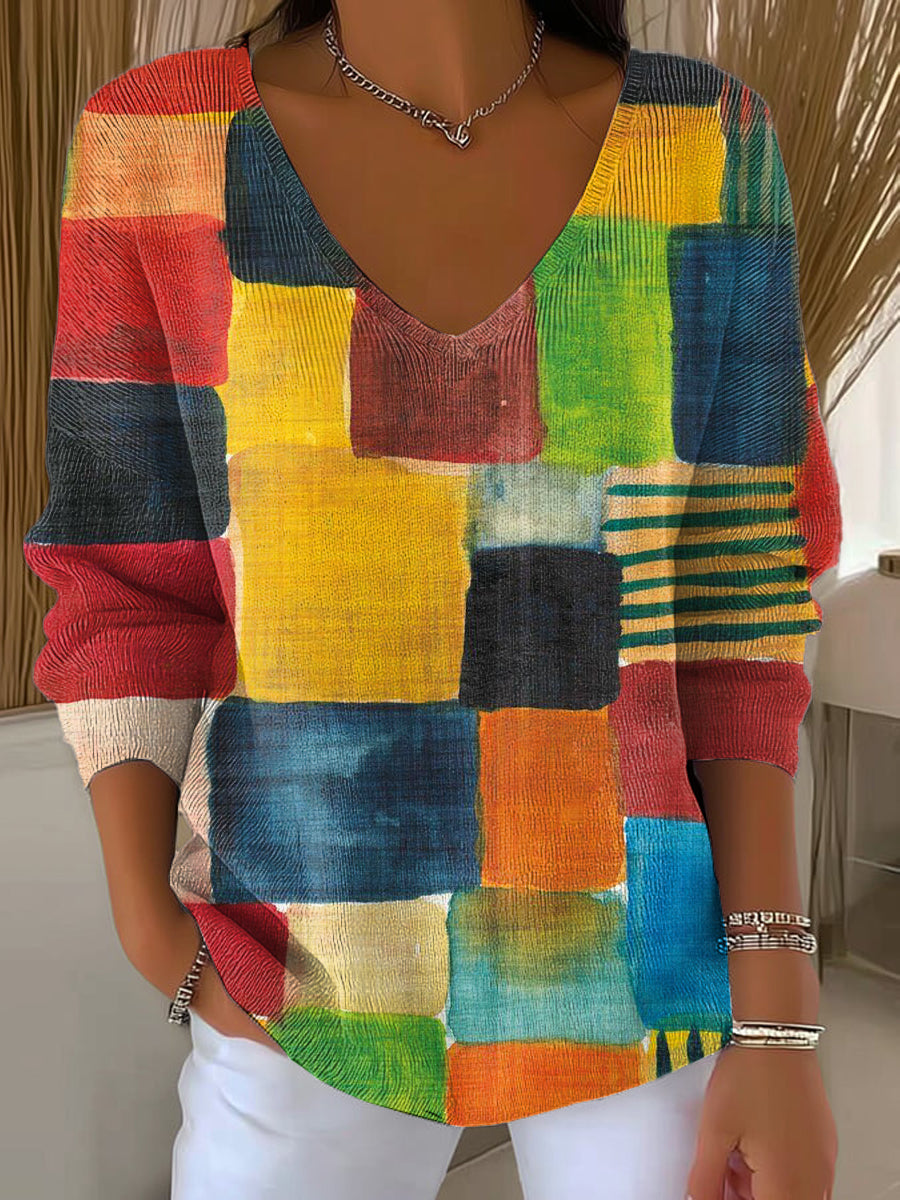 Women's Beautiful Colorful Abstract Color Block Painting Art Print Casual Pullover Sweater