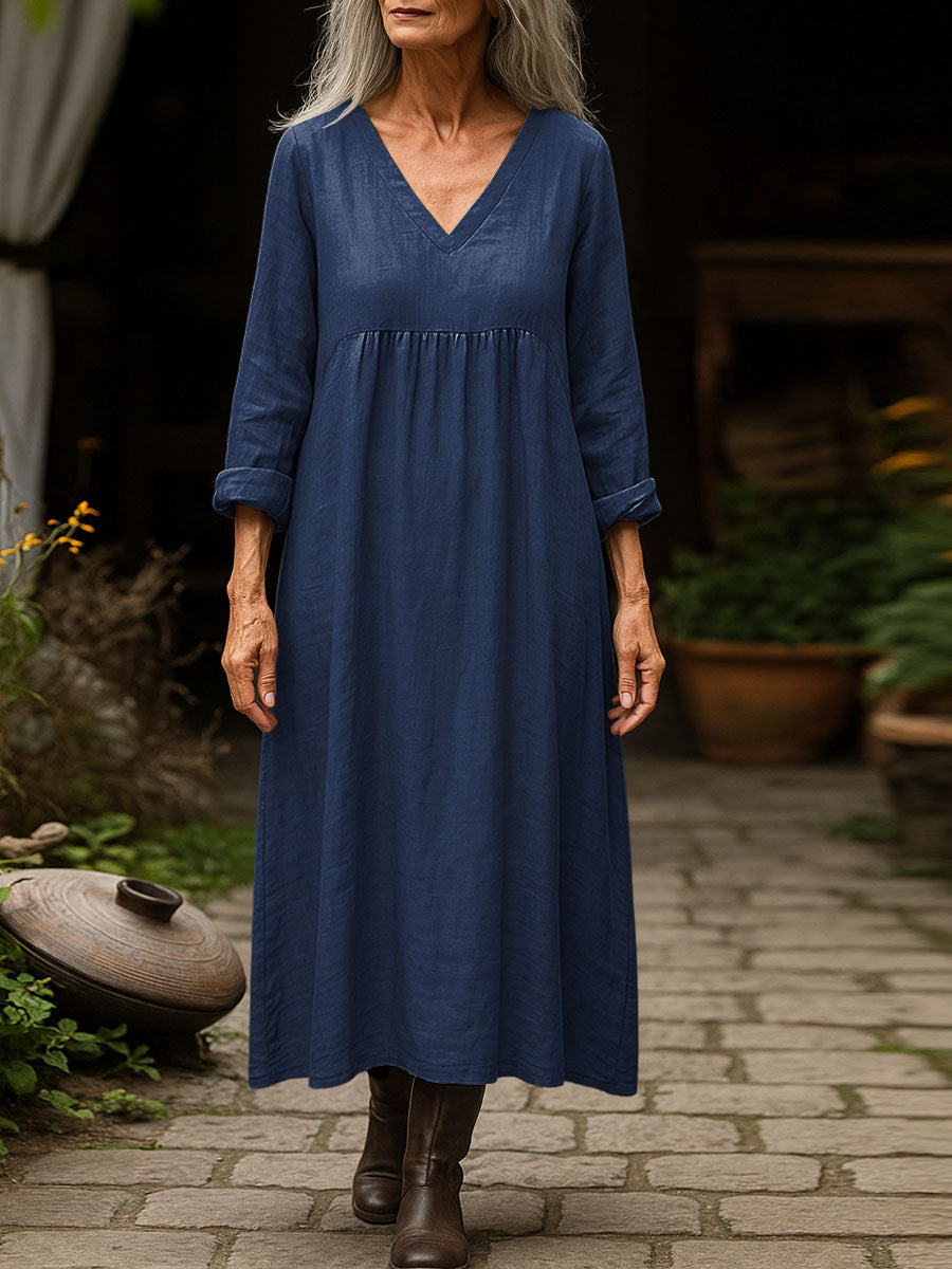 Women's Solid Color V-Neck Long Sleeve Casual Loose Cotton and Linen Dress