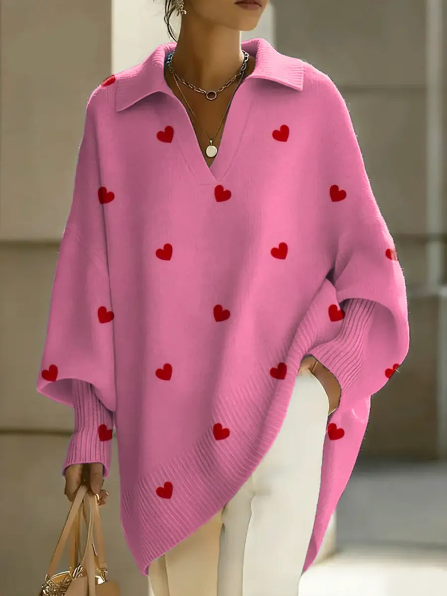 Women's Valentine's Day Heart Art Print Casual Knit Sweater