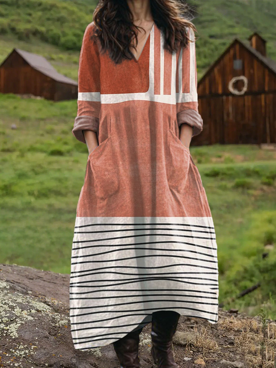 Women's Vintage Abstract Geometric Art Print Pocket V-neck Cotton Dress