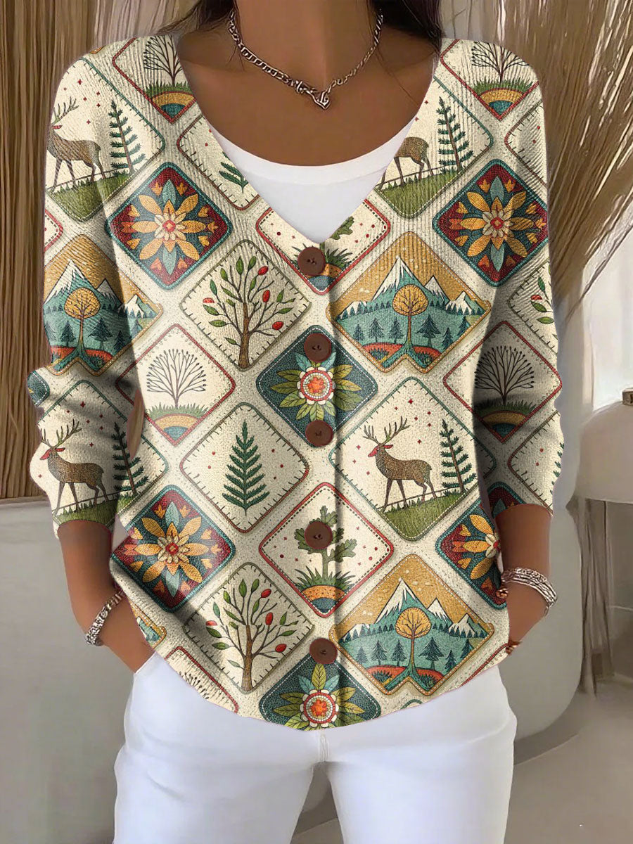 Christmas Retro Elk Christmas Tree Scenery Print Buttoned V-neck Cardigan Sweater