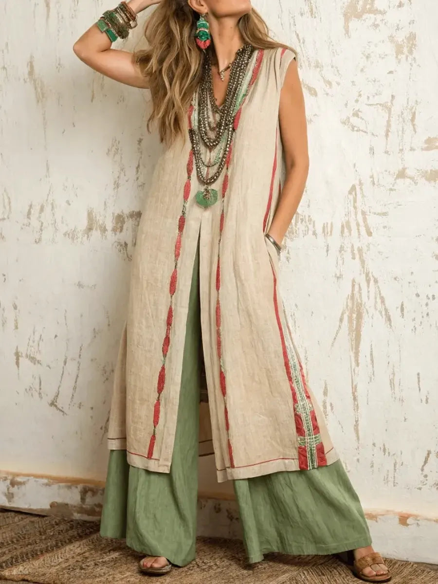 Women's Ethnic Comfortable Loose Sleeveless Top + Pants Cotton Linen Two-piece Set