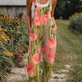 Women's  Vintage Flower Art Print Casual 100% Cotton Wide Leg Jumpsuit