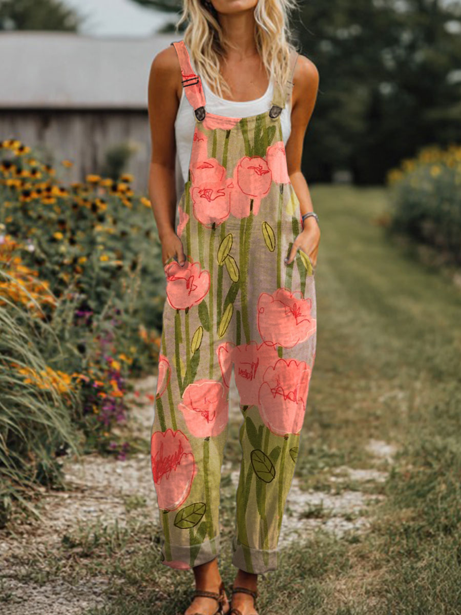 Women's  Vintage Flower Art Print Casual 100% Cotton Wide Leg Jumpsuit