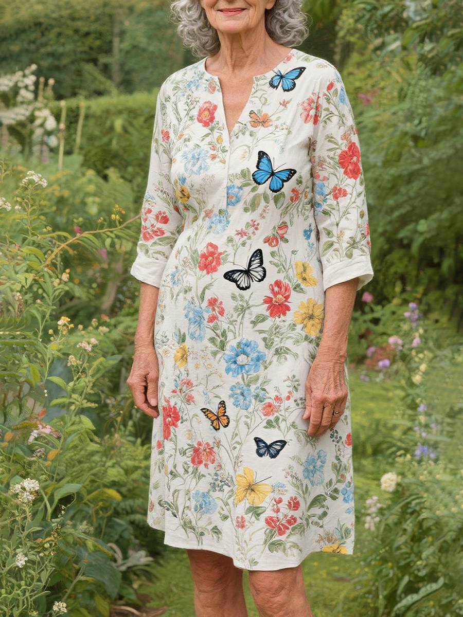 Flower and Butterfly Cotton and Linen Dress