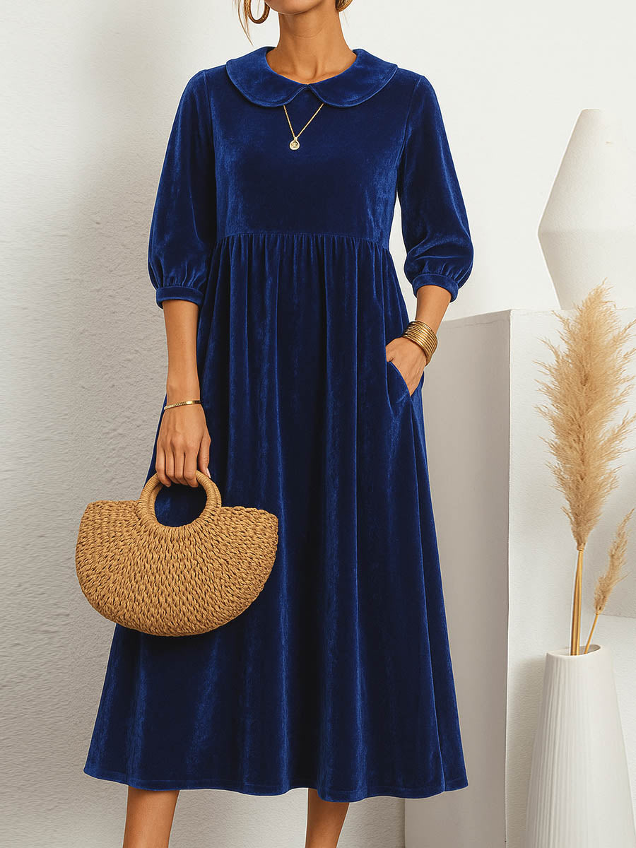 Women's Solid Color Peter Pan Collar Short Sleeve Velvet Casual A-Line Dress