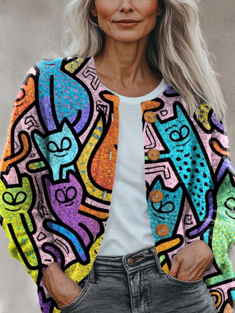 geometry-colors-cat-casual-print-buttoned-cardigan-sweater
