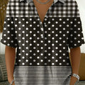 Women's Retro Short-sleeve Shirt: Cotton-linen Blend With Plaid, Polka Dot, And Stripe Print Paneling