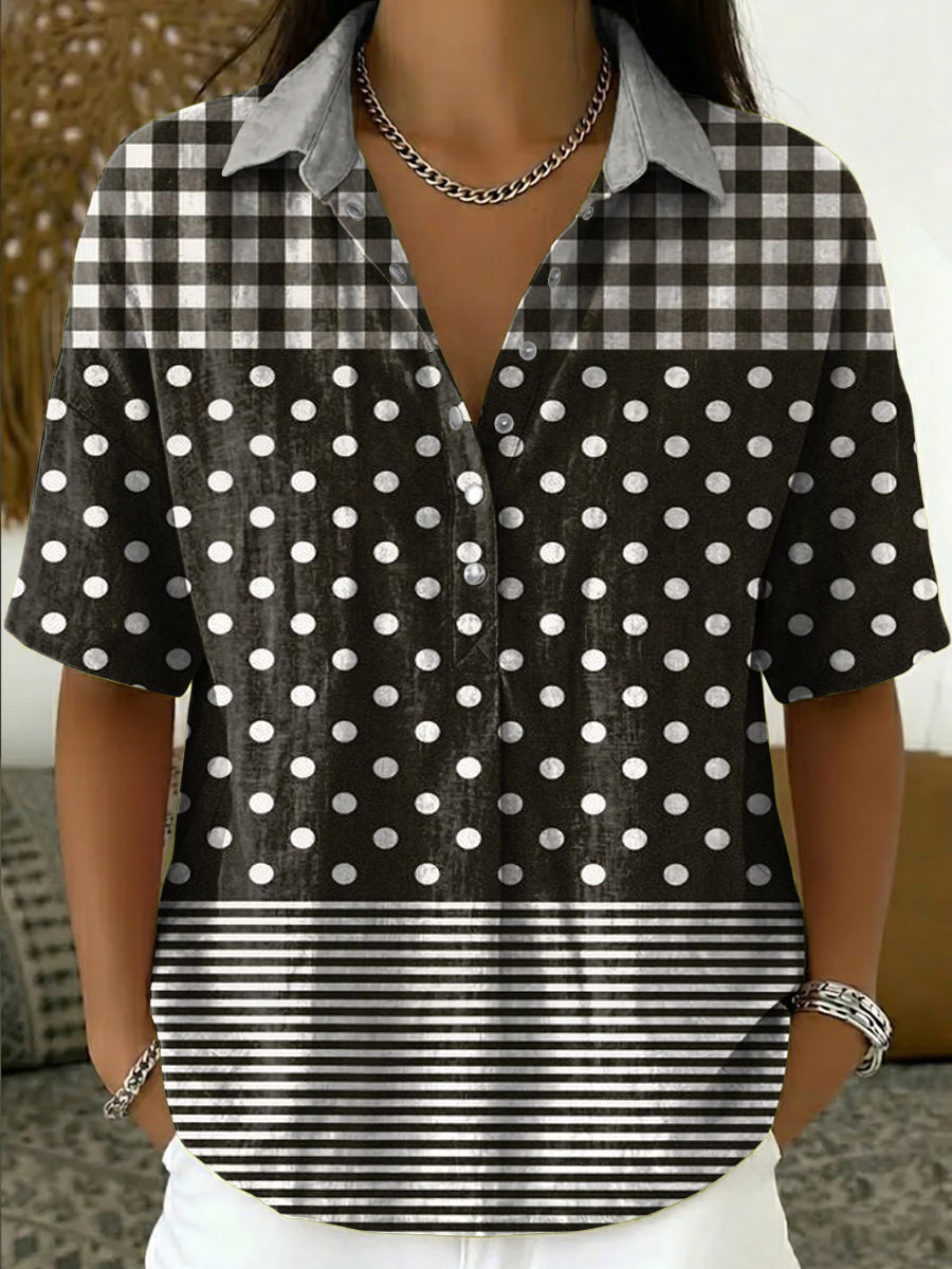 Women's Retro Short-sleeve Shirt: Cotton-linen Blend With Plaid, Polka Dot, And Stripe Print Paneling