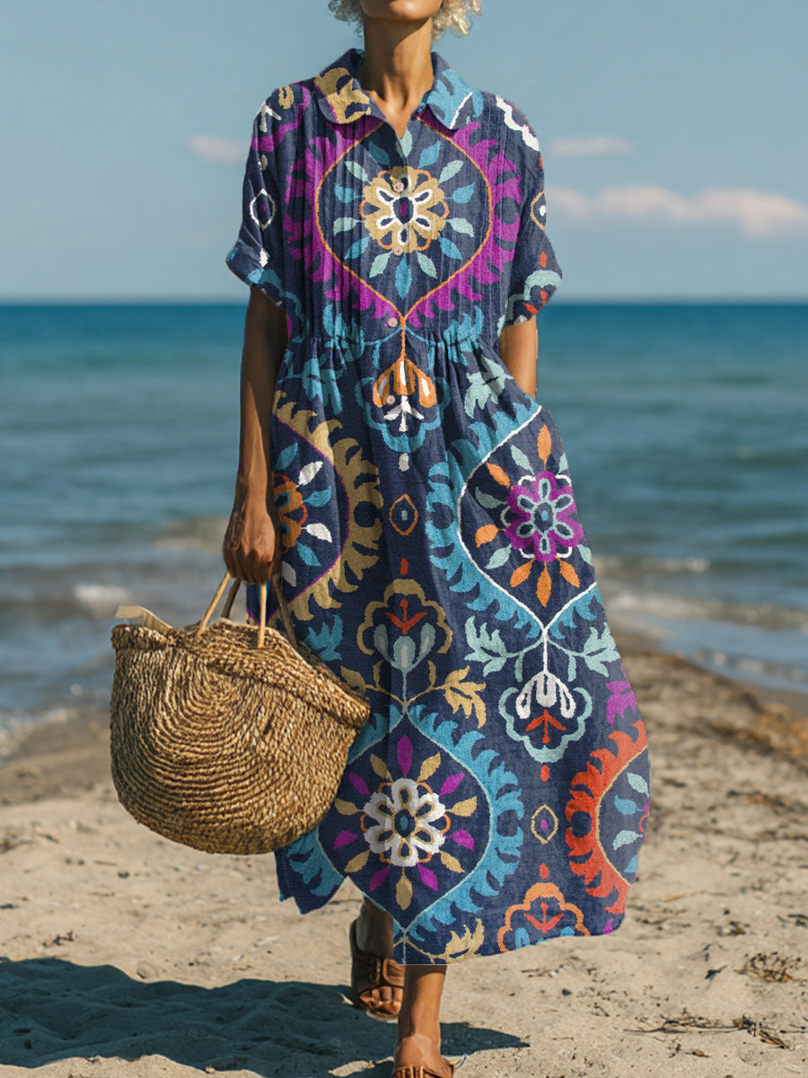 Women's Vintage Ethnic Rhombus Floral Geometric Painting Art Print Dress