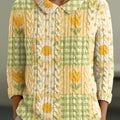 womens-beautiful-sunflower-floral-plaid-painting-art-print-casual-peter-pan-collar-3-4-sleeve-sweater