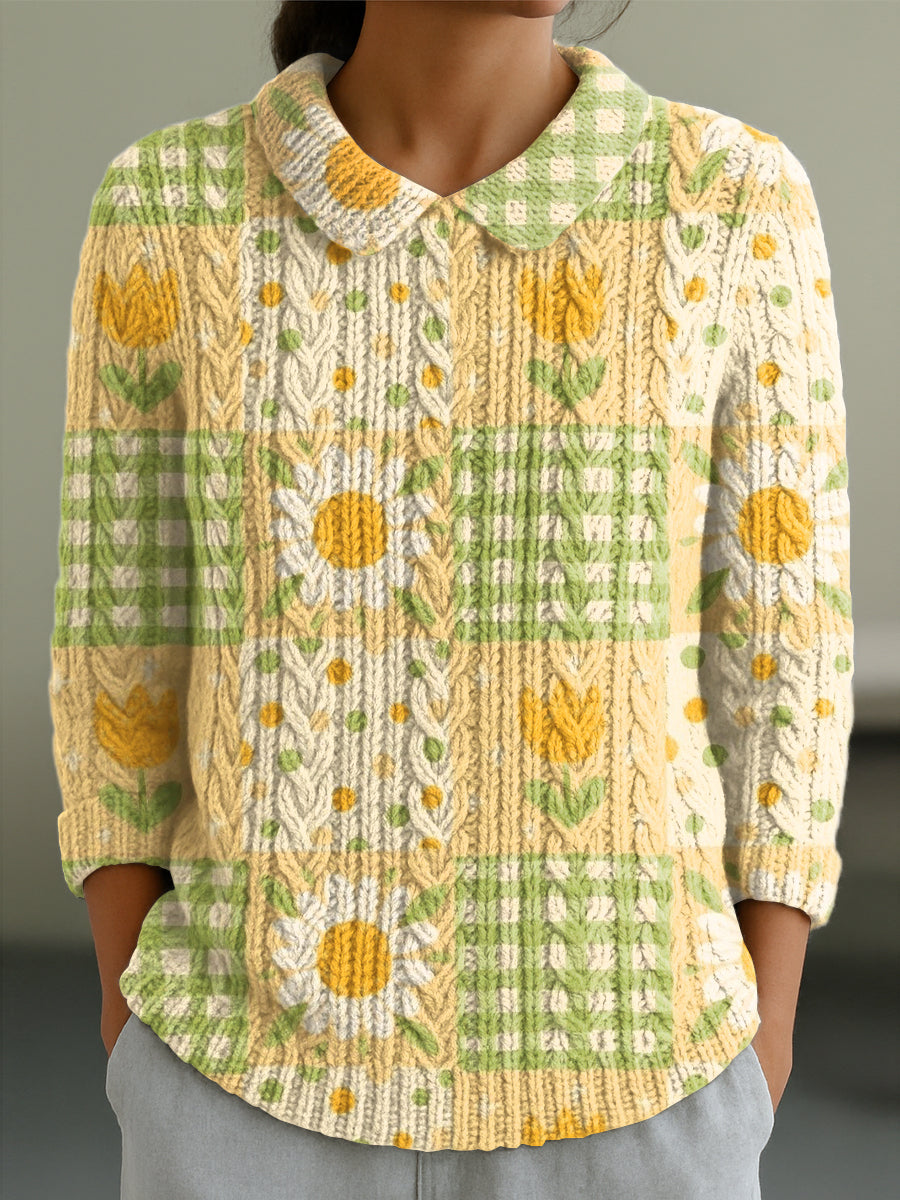womens-beautiful-sunflower-floral-plaid-painting-art-print-casual-peter-pan-collar-3-4-sleeve-sweater